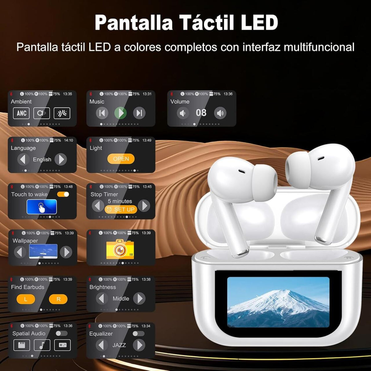 Auriculares Bluetooth 5,4 con Pantalla Táctil Cancelación de Ruido ANC+ENC, IPX7 Impermeables